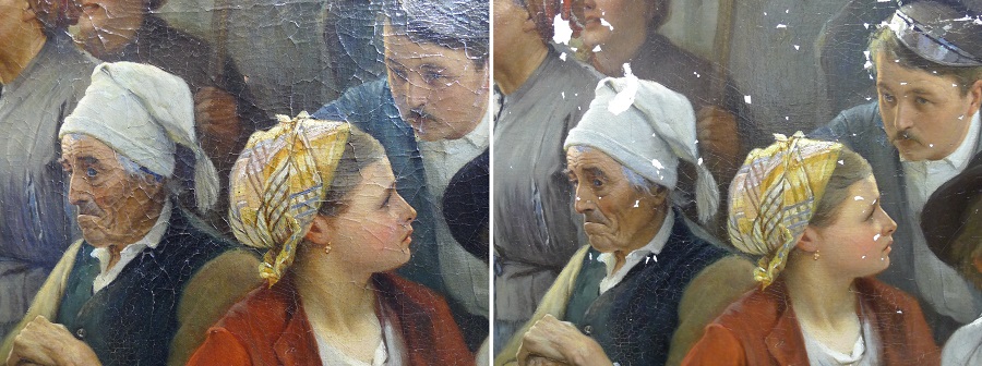 Detail before and after lining, cleaning and filling of 19th Century oil painting.